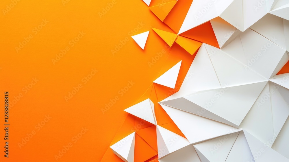 Poster geometric tangerine and white paper art background with triangular shapes and space for text or crea