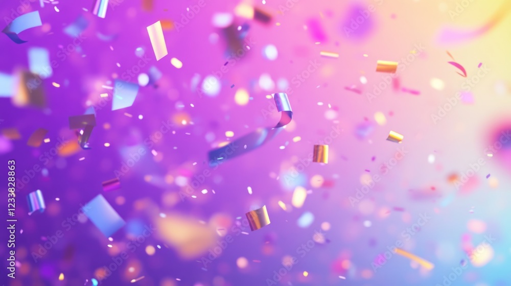 Poster vibrant confetti swirling in colorful celebration scene with soft gradient background and ample spac