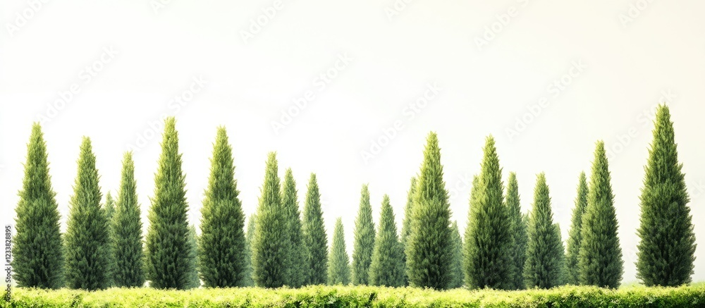 Poster serene summer landscape featuring a row of cypress trees with ample space for text and empty backgro