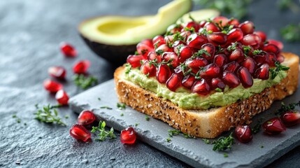 Avocado toast topped with pomegranate seeds on a slate plate with fresh herbs, presented on a stone table, perfect for breakfast or brunch.