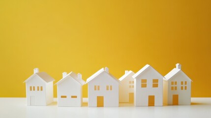 Charming model houses placed on a white surface against a bright yellow minimal background, featuring ample copy space for text.