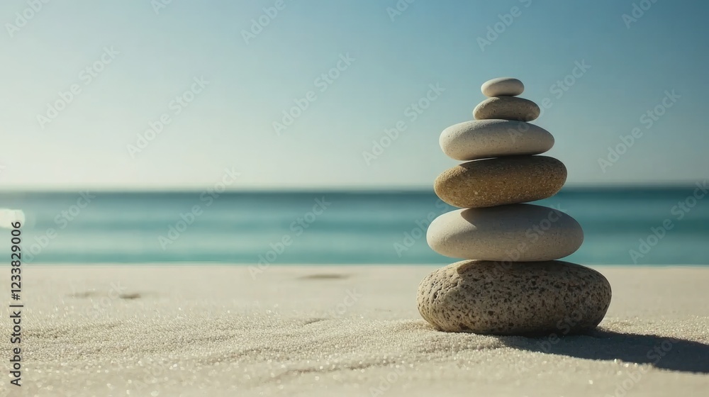 Poster stacked smooth pebbles on sandy beach with ocean in background and clear sky copy space