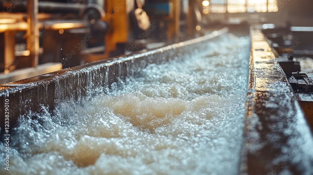 Poster wet sheet pulp flowing in a paper mill production line with a blurred background and empty copyspace
