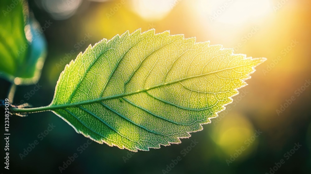 Poster sunlight illuminating detailed green leaf with soft texture and ample copyspace for text or graphics