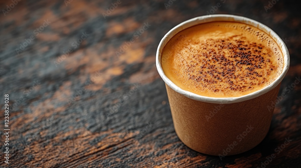 Poster top view of latte in eco-friendly paper cup on rustic wooden background with blank space for text