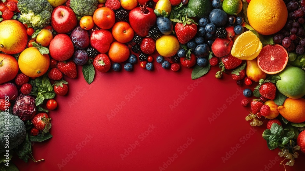 Poster vibrant assortment of fresh fruits and vegetables arranged on a bold red background with ample space