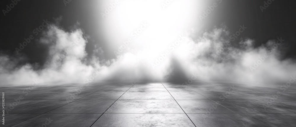 Aufkleber empty stage with fog and bright light in the background on a dark tiled floor
