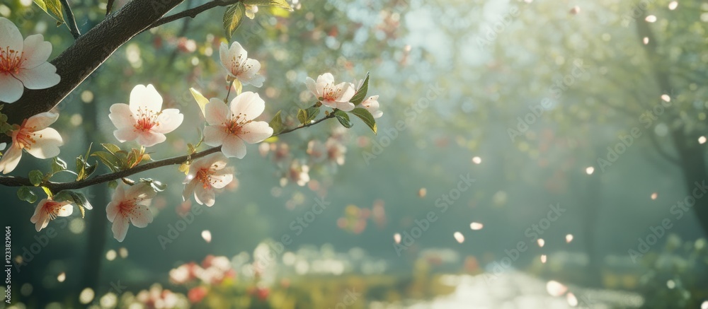 Poster cherry blossom branch in spring with soft focus background and copy space for text