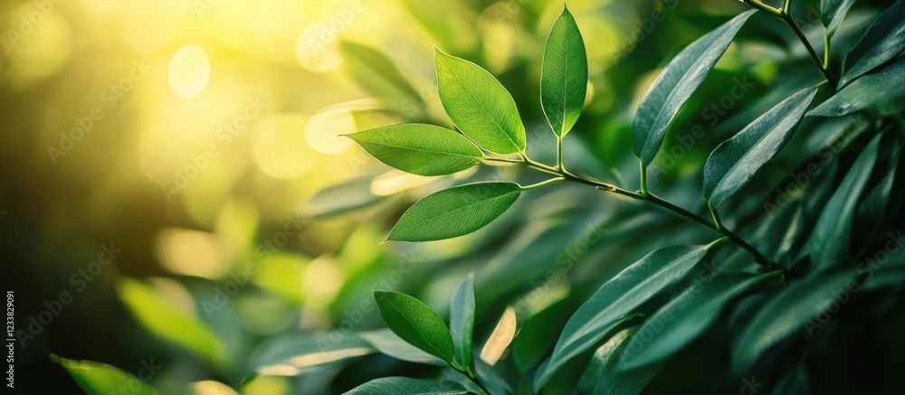 Poster green leaves close-up with soft natural light bokeh background and copy space for text.