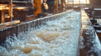 Wet sheet pulp flowing in a paper mill production line with a blurred background and empty copyspace for promotional text or graphics