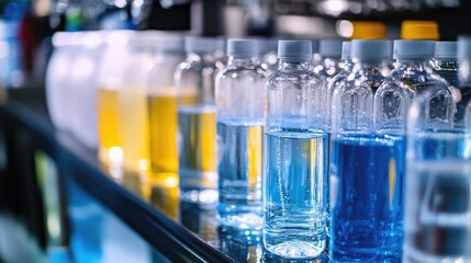 Water purification systems and filtration devices in a laboratory with various water samples in clear bottles showcasing recycling technology