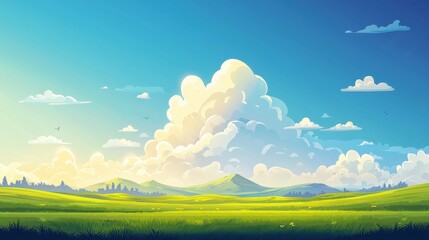 Obraz premium Serene Landscape With Rolling Hills And Fluffy Clouds