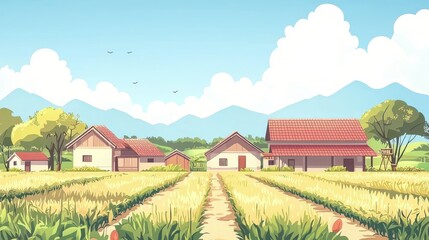 Obraz premium Idyllic Rural Village Scene With Golden Rice Fields And Mountains