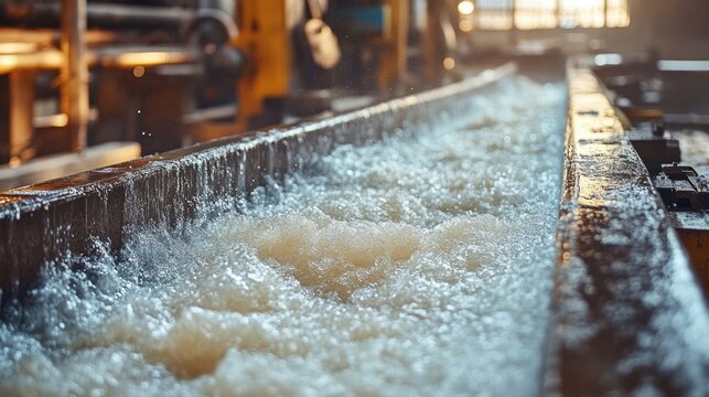 Wet sheet pulp flowing in a paper mill production line with a blurred background and empty copyspace for promotional text or graphics