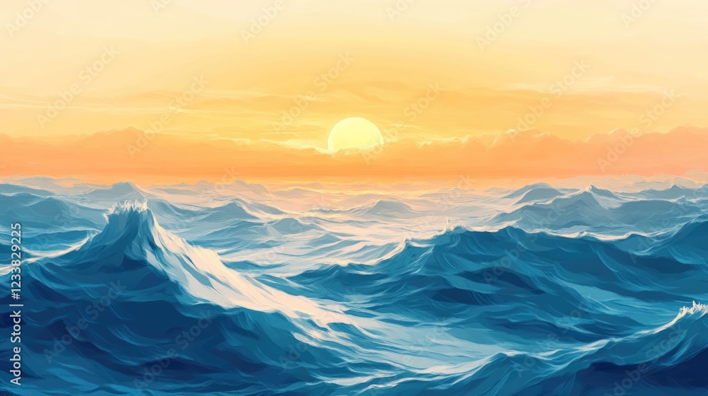 Aufkleber sunrise over tranquil ocean waves with soft morning glow creating peaceful atmosphere and ample copy