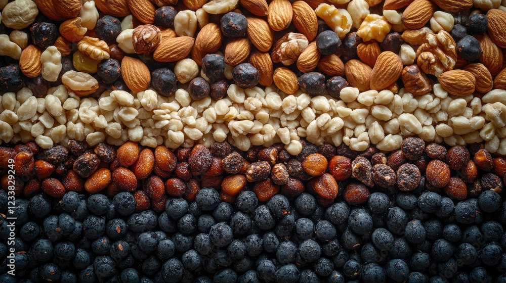 Poster assorted decorative nuts in various textures and colors arranged in a flat lay composition on a rust