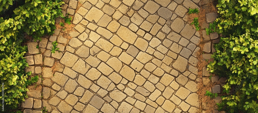 Poster stone pathway with greenery alongside featuring cobblestone texture and natural elements with copy s