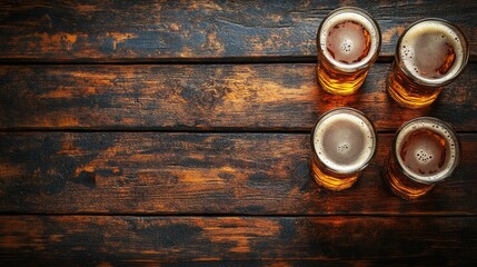 Top View of Craft Beer Tasting with Friends in Pub on Wooden Table with Empty Space for Text or Branding Elements
