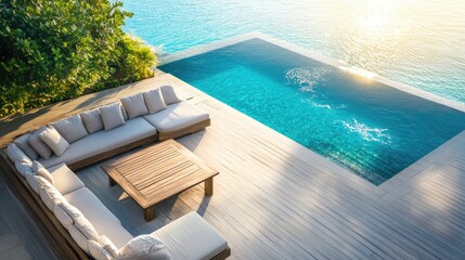 Stylish sunken cocktail table on elegant deck overlooking serene pool and waterfront perfect for social gatherings with ample text space.