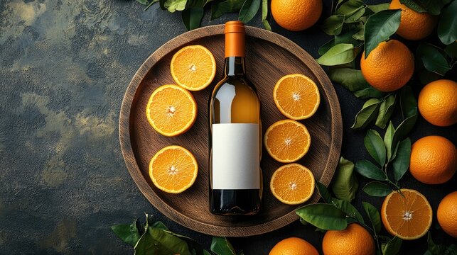 Fresh oranges and wine bottle on wooden plate showcasing vibrant fruits and elegant presentation for culinary or beverage related themes.