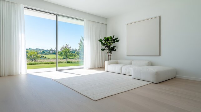 Serene Scandinavian Living Room with White Sofa & Landscape View