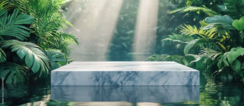 Poster marble podium on reflective water surrounded by lush greenery ideal for product display with ample c