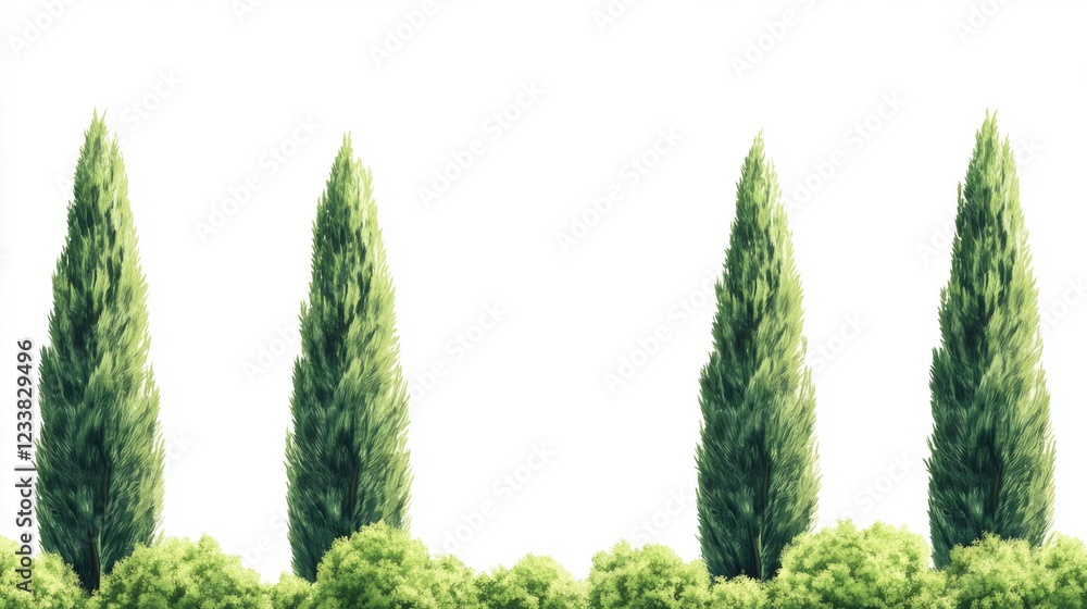 Poster tall evergreen trees with lush green foliage creating a serene natural frame with ample space for te