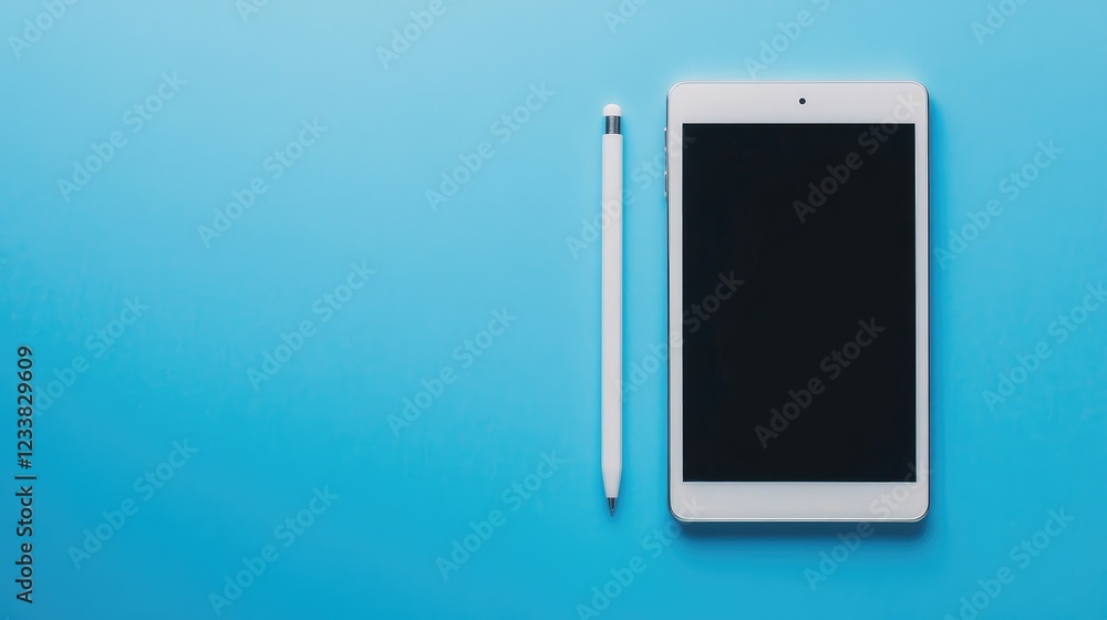 Poster tablet and stylus on vibrant blue background with ample blank space for text or design elements, top