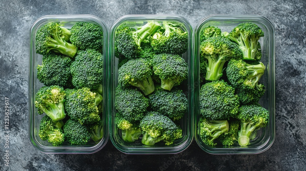 Poster fresh broccoli displayed in clear glass containers arranged neatly against a textured light backgrou