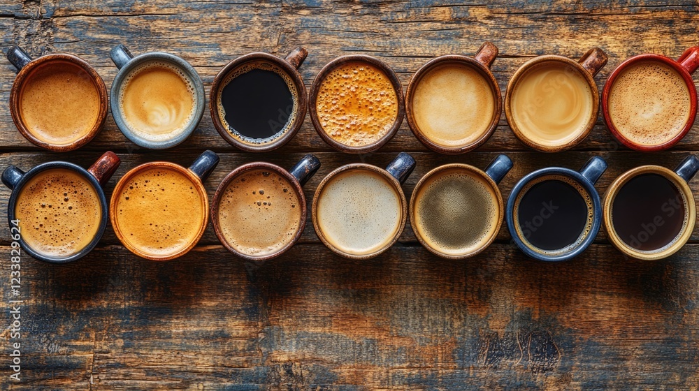 Poster coffee cups of various brews arranged on rustic wooden background with ample copyspace for branding 