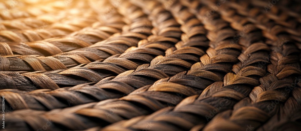 Poster close-up of intricately woven natural fibers with warm lighting and textured patterns in a circular 