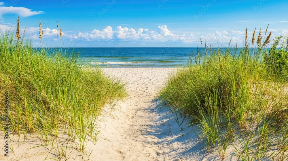 Aufkleber scenic pathway through tall grass leading to serene beach and tranquil ocean under a clear blue sky 