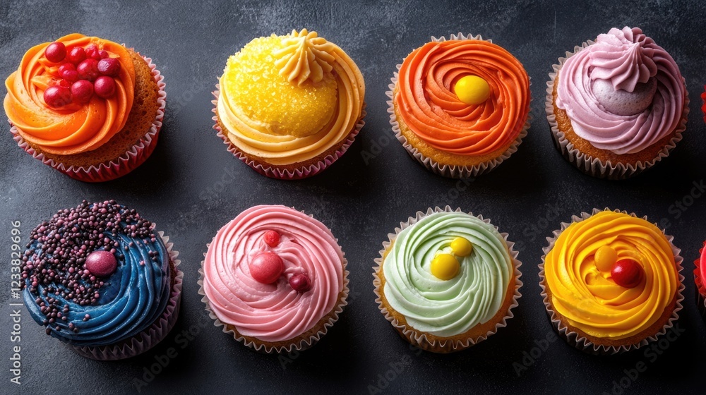 Poster vibrant assortment of colorful cupcakes arranged in a creative layout with space for text or brandin
