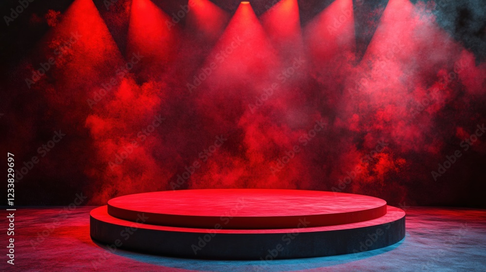 Poster red stage with smoke and spotlights creating a dramatic and mysterious atmosphere for product displa