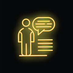 Yellow neon sign of a businessman giving a speech with a speech bubble and text on a black background