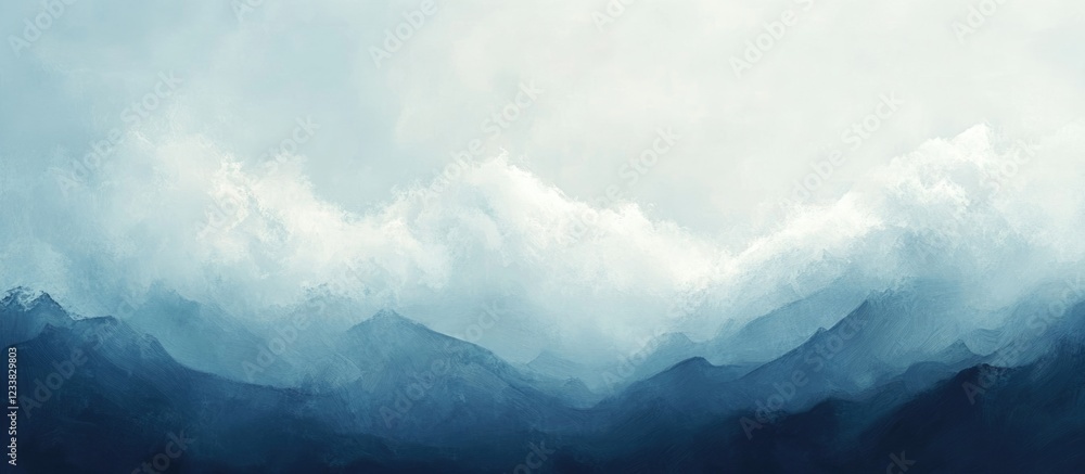 Poster majestic mountain landscape with white clouds and ample blank space for text or branding in a serene