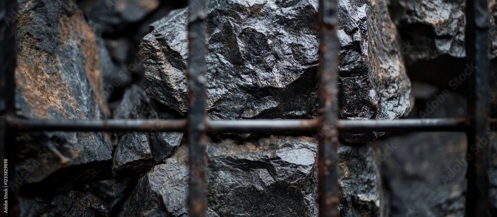 Poster close-up of dark textured rocks behind a rusty metal fence with blurred focus and copy space for tex