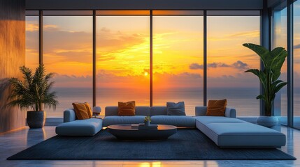 Modern Lounge with Sunset View and Stylish Furniture Offering Empty Space for Text Placement