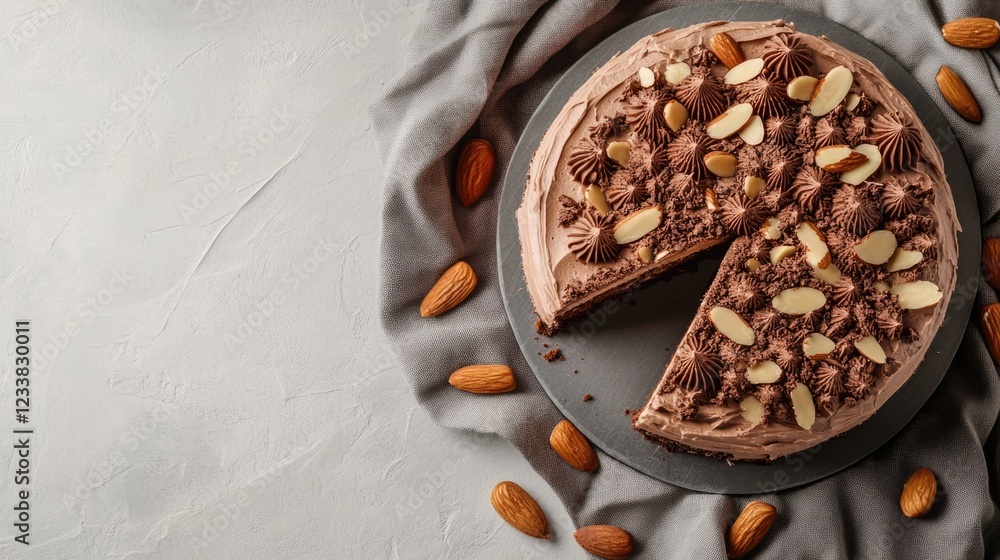 Poster chocolate cream holiday cake with sliced almonds on gray fabric background featuring empty copy spac