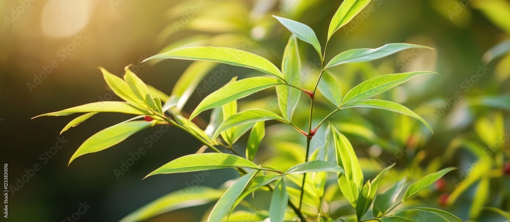 Poster close-up of vibrant green leaves in natural light with soft bokeh background and copy space for text