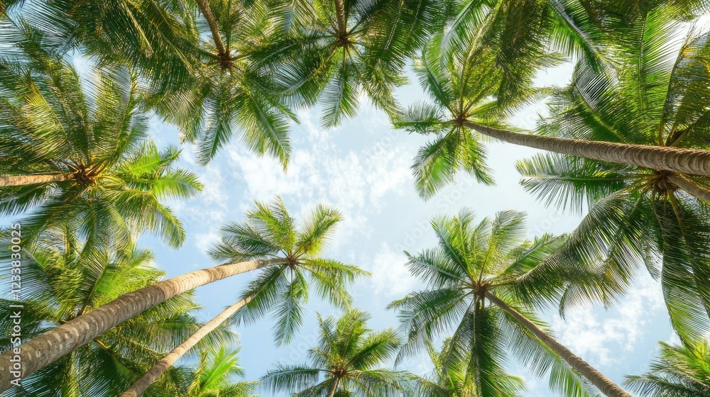 Poster lush green palm trees reaching towards the sky creating a serene atmosphere with ample space for tex