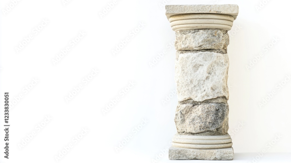 Poster tall stone pillar on white background with copyspace for text and design elements in a minimalist st