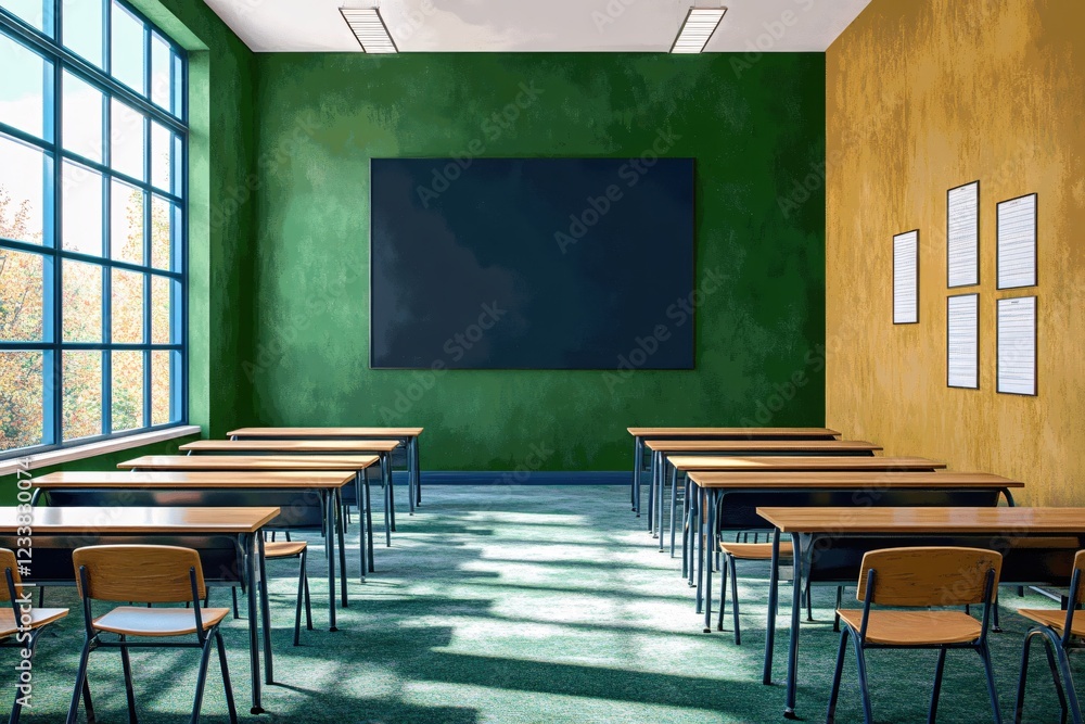 Poster empty classroom with desks and chairs ready for students in a school with large window