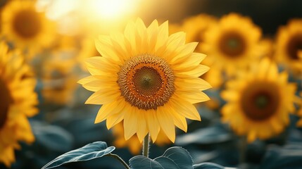 Fototapeta premium Sunflower field in full bloom with vibrant yellow flowers under a clear blue sky and warm sunlight creating a peaceful natural backdrop