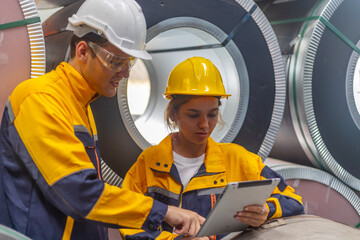Generated imageMale engineer is supervising his young female trainee how to check a production system in a metal sheet factory. A team of mechanical engineers are using tablet and application testing 