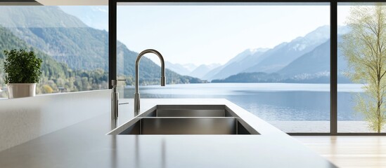 Fototapeta premium Modern kitchen with large windows showcasing scenic mountain views sleek countertops and stainless appliances creating a bright inviting atmosphere
