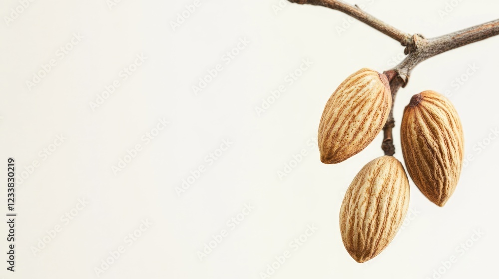Poster tandem split almonds on a branch against a neutral background with space for text or advertising.