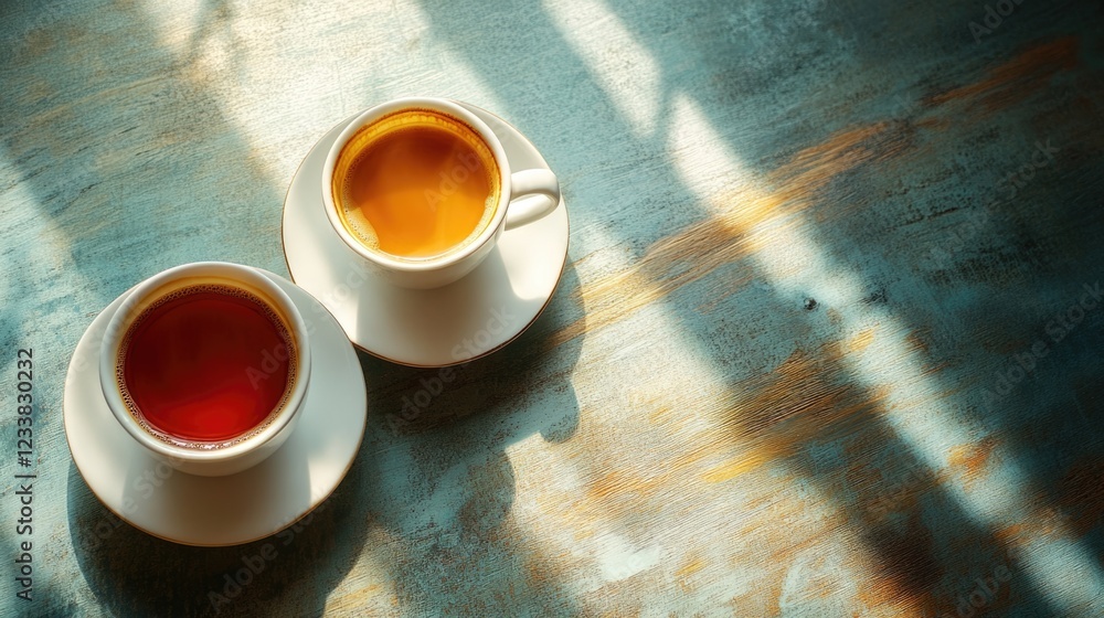 Poster morning light illuminating coffee and tea cups on a textured table with ample empty space for creati