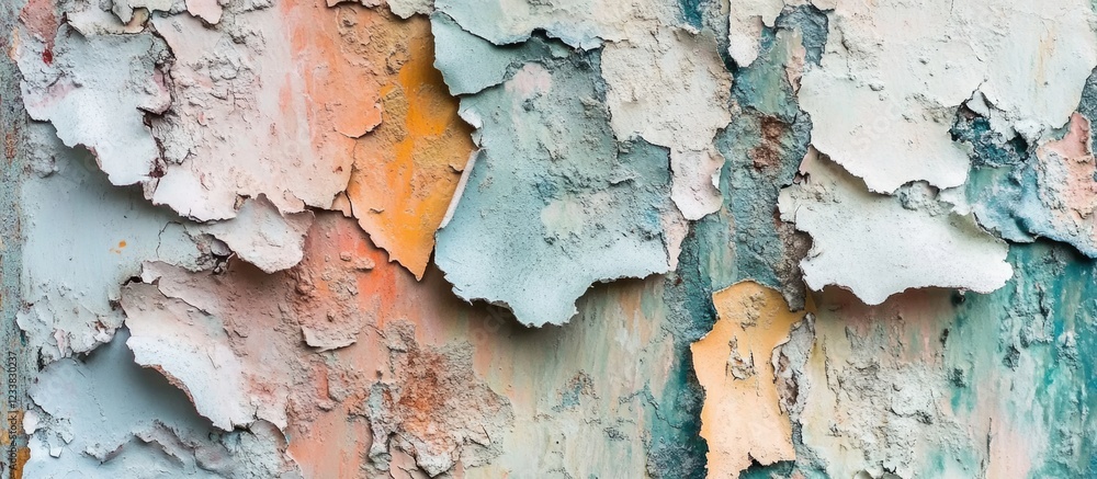 Poster peeling paint texture on wooden surface with layers of chipped colors and copy space for design elem