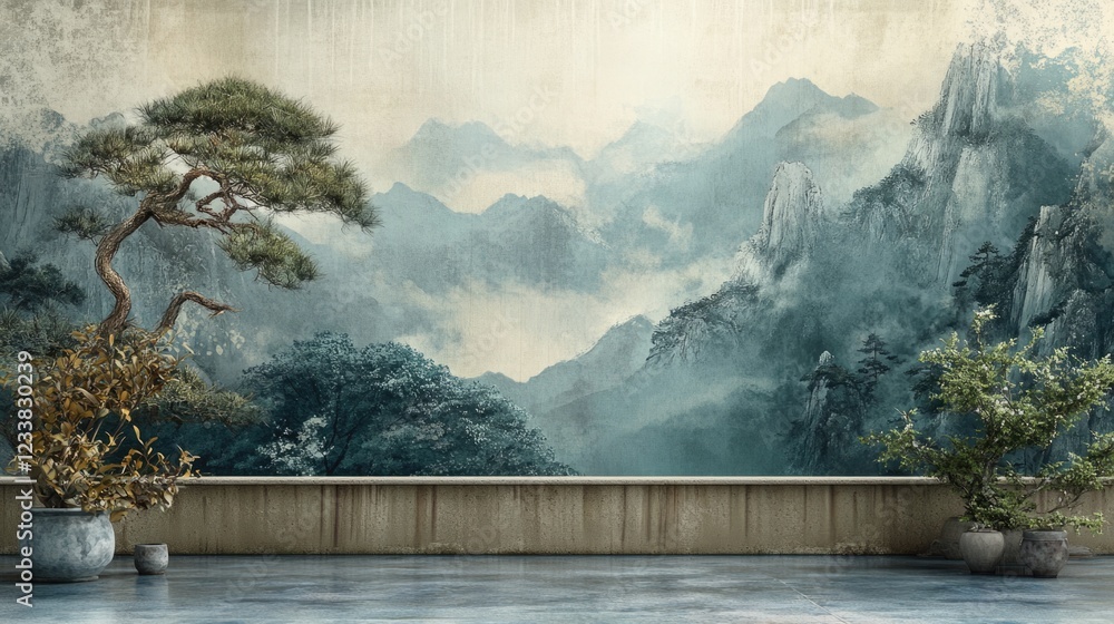 Poster intricate korean cultural landscape with tranquil mountains and foliage creating empty space for tex